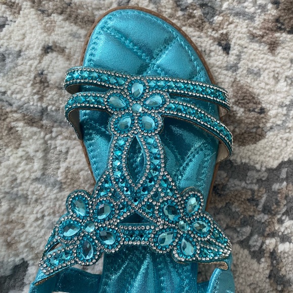 New Embellished Turquoise Rhinestones Sandals Studded Comfortable Shiny Sparkle - Picture 11 of 16